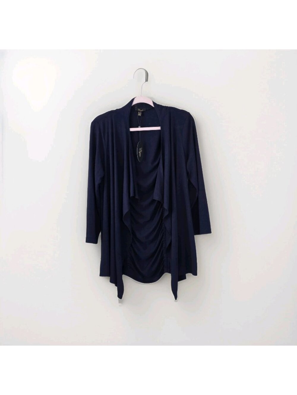 Cupio Open Assymetric Front Cardigan XL Navy LS Ruched Back Office Mature Casual